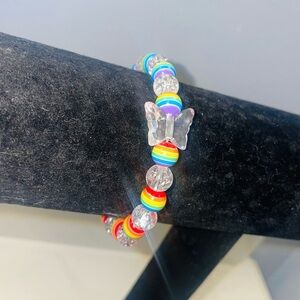 Handmade Rainbow Resin & Crackle Bead Bracelet – Clear Butterfly Charm